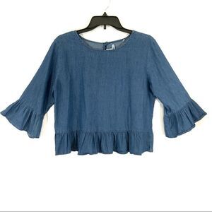 DizzyLizzy denim chambray ruffle top size L